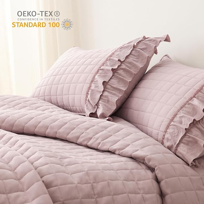 HORIMOTE HOME Dusty Pink Ruffled Quilt Set Twin Size, Classic Geometric Square Stitched Pattern, Pre-Washed Farmhouse Shabby Chic Microfiber Lightweight Bedding Set Bedspread Coverlet for All Season