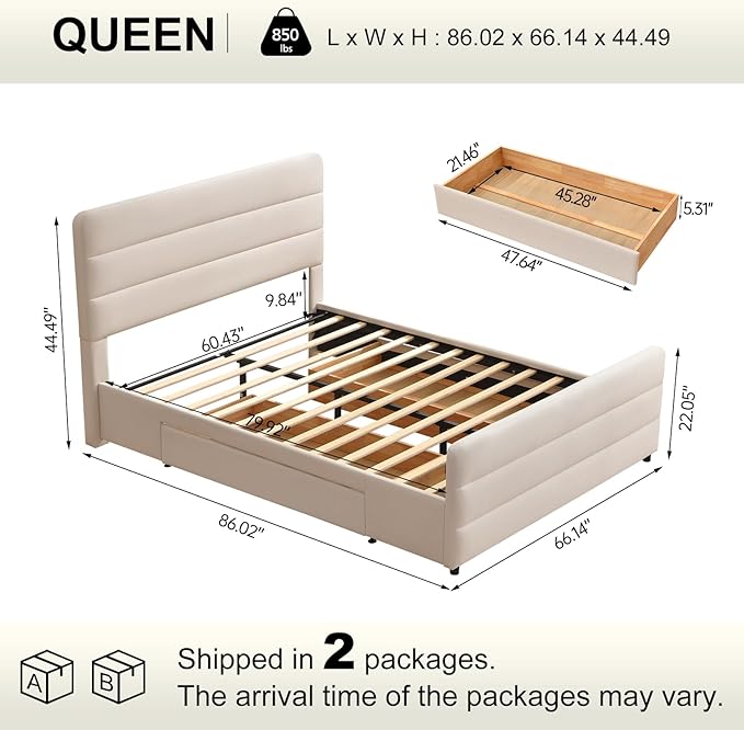 VELOCAVA Queen Size Upholstered Platform Bed with Tall Headboard and Footboard, 2 Side Storage Drawers, Modern Beige Fabric Bed Frame, No Box Spring Needed, Slatted Base Support, Easy Assembly