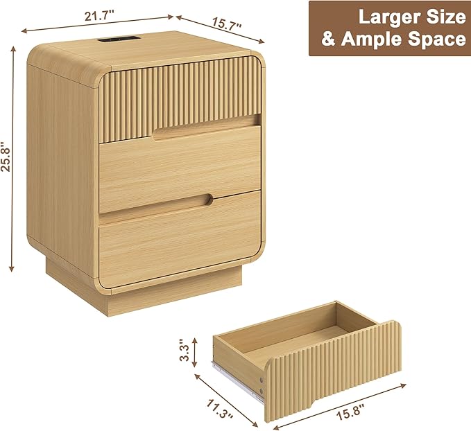 9 Drawer Dresser and 2 Nightstand Sets for Bedroom 3 Pcs Bedroom Set, Modern 57.9" Fluted Dresser with Invisible Handles Nightstand Charging Station, Bedroom Furniture Set for Living Room, Natural
