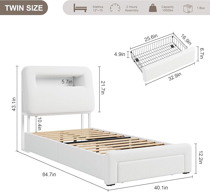 Twin LED Bed Frame with Storage Headboard & Charging Station, Kids Bed Frames with Bookcase, Teddy Fleece Upholstered Platform Bed Frames with 1 Storage Drawer, No Box Spring Needed, Beige