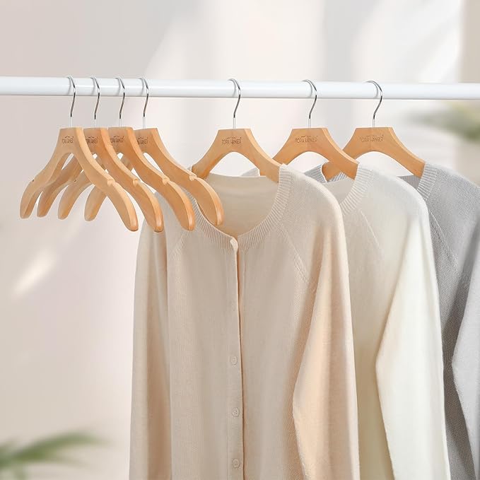 TOPIA HANGER Wooden Coat Hangers 12 Pack, Premium Wood Top Suit Hangers with No Shoulder Bump, 360° Swivel Hook and Cut Notches Clothes Hangers for Sweater, Coat, Shirts, Jackets, Dress, Natural CT84N