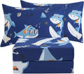JSD Blue Shark Surfing Kids Sheet Set Full Size, 4 Piece Nautical Printed Microfiber Sheets Deep Pocket