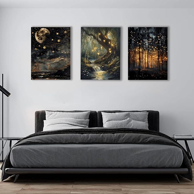 Tranquil Night Forest Framed Canvas Posters Set of 3 Wall art,Moon Fireflies Print Painting Home Décor Artwork,Creates Peaceful Ambiance Painting Artwork for Bedroom Living Room 16x24 inch Wood Framed