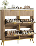 Fluted Shoe Cabinet Storage, Modern Slim Shoe Organizer Cabinet with 4 Flip Drawers & 2 Drawers, Wooden Freestanding Shoe Rack Cabinets for Entryway, Foyer, Hallway, Natural Oak