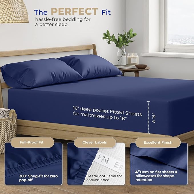 THREAD SPREAD Twin XL Sheet Sets Cotton - 400 Thread Count 100% Cotton XL Twin Sheets, 3 PC (Navy Blue), Luxury Soft, Breathable, Cooling, Extra Large 16" Deep Pocket Sateen Bedsheet for Dorm Rooms