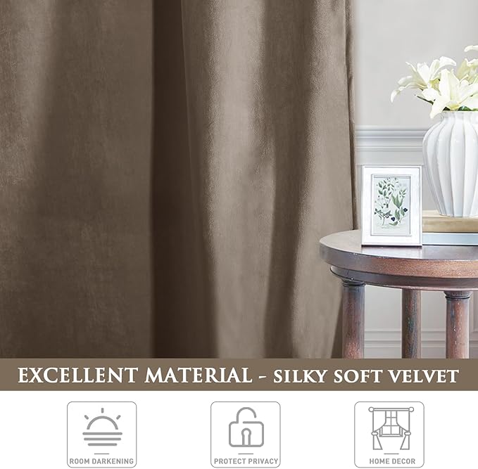 StangH Taupe Curtains 102 inches Rod Pocket Room Darkening Drapes for Dining Room, Heavy Soft Velvet Thermal Curtains for Bedroom, Modern Neutral Home Decor, W52 x L102, 2 Panels