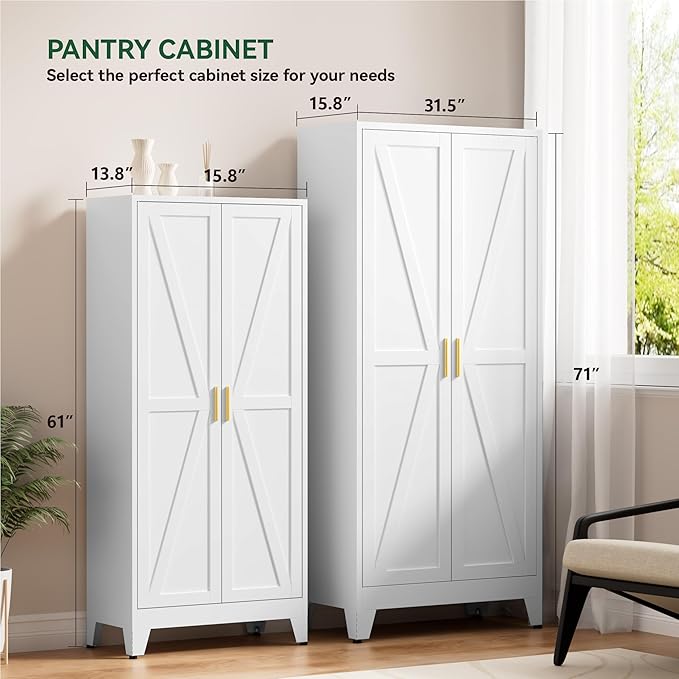 Farmhouse Pantry Cabinet,71" H x 31.5" W,Metal Cabinet with Adjustable Shelves and Barn Doors,5-Tier Storage Cabinet for Kitchen Dining Room Garage,White
