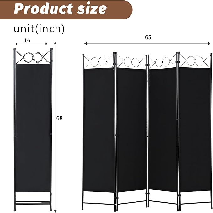 FDW 4 Panel Room Divider and Folding Portable Partition Screen, 6FT Wall Divider Screen for Dorm Bedroom Office, Coal Black