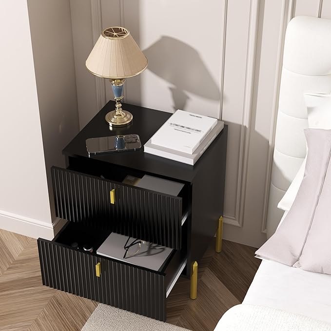Luxury Fluted Night Stand Set of 2, Nightstand with 2 Drawers, Modern Bedside Table with Golden Legs and Handles, End Tables for Living Room Bedroom, Black