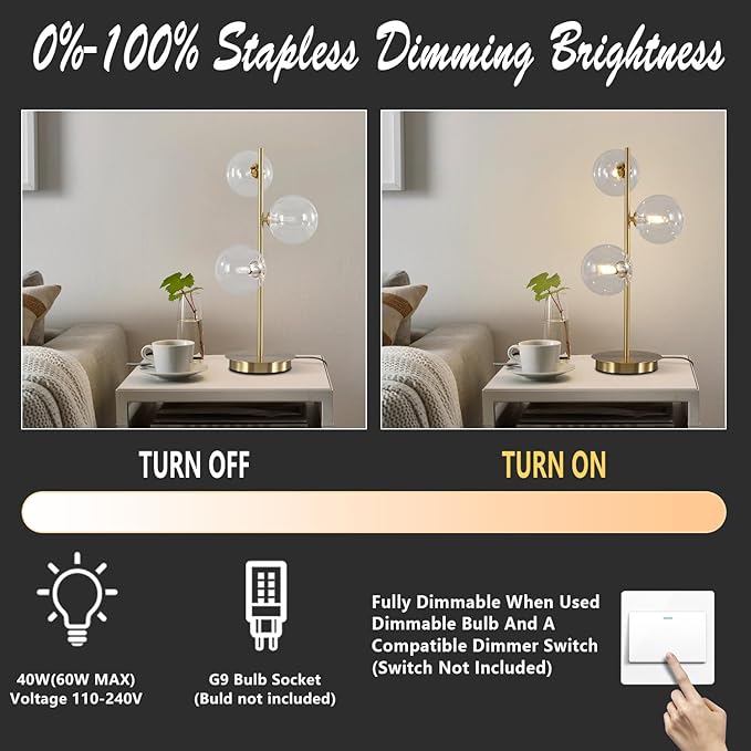 Glass Table lamp Gold,3-Globe Table lamp Tall,Reading Lamp for Bedroom Living Room Study Room