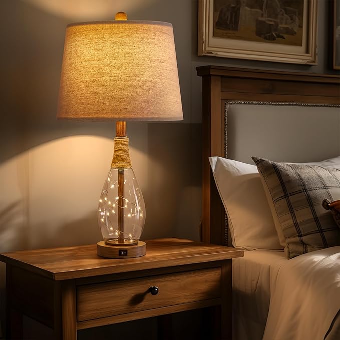OYEARS Wood-Like Bedside Table Lamps Set of 2 with USB, Farmhouse Nightstand Lamps for Bedroom, Retro Rattan Table Lamps for Night Stands, Living Room, Boho Table Lamp with Glass Nightlight