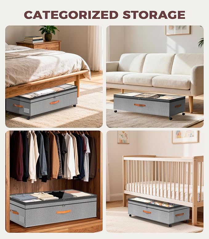 Under Bed Storage, 35.5 inches Under Bed Storage with Wheels, Large Capacity UnderBed Containers with Clear Lids, 2Pcs Rolling Under the Bed Storage for Clothes, Shoes, Blankets Black (Deep Gray)