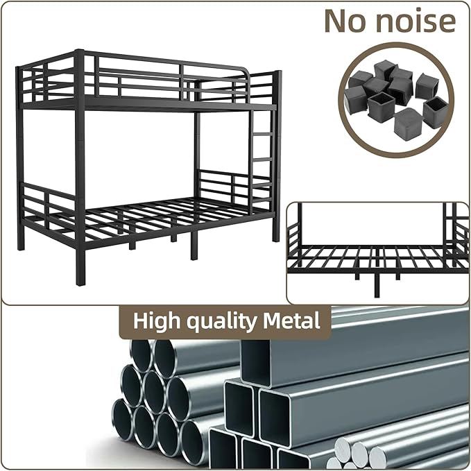 Twin XL Over Twin XL Bunk Bed Frame, Heavy Duty Metal Loft Bed for Adults/Teens, 350/500LB Capacity w/Ladder & Guardrail, Noise-Free Steel Slats, No Box Spring Required, Black