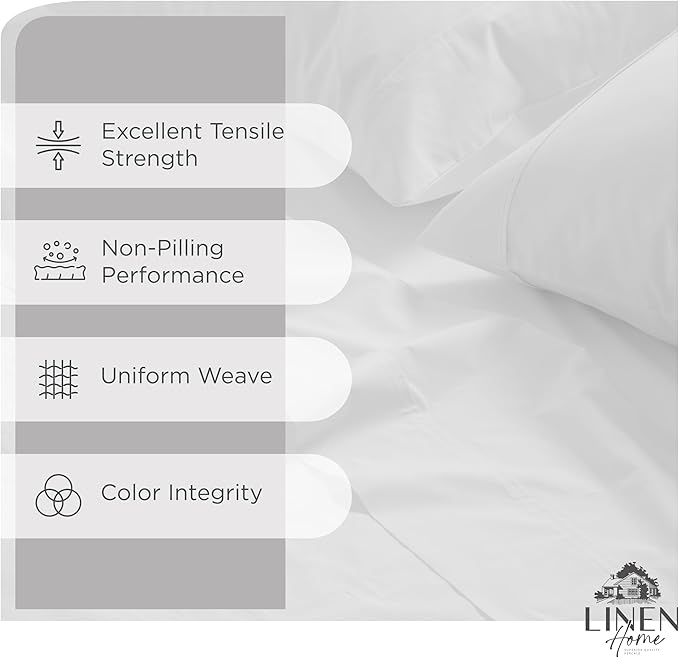 Linen Home 100% Cotton Percale Sheet Set, King Size, Snow White, Deep Pocket, 6 Pieces Set - 1 Flat, 1 Deep Pocket Fitted Sheet and 4 Pillowcases, Crisp Cool and Strong Bed Linen