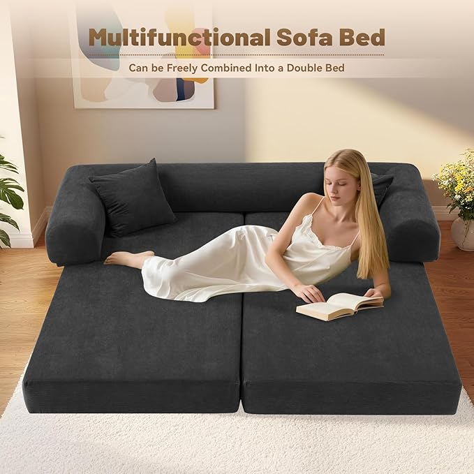 Convertible Futon Sofa Bed,80" Folding Pull Out Couch Bed with Pillows & Storage,Queen Sleeper Sofa Bed,Compressed Couch in a Box,Corduroy Boneless Couches for Living Room,Deep Gray