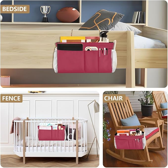 KOPIRIT Strawberry Red Bedside Caddy Storage Bag Bedside Organizer for College Dorm Top Bunk Bed Organizer Caddy Hanging Shelf 6 Pockets with Hooks for Glasses Book Tablet Holder