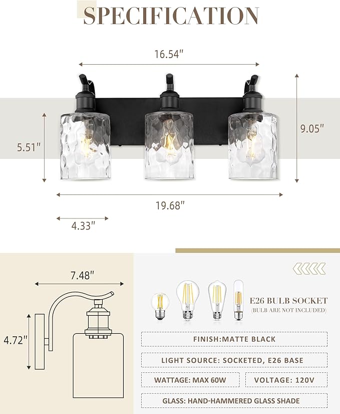 Bathroom Vanity Light Fixtures Over Mirror 3-Light Hammered Glass Wall Mounted Modern Black - VL01BKH-3