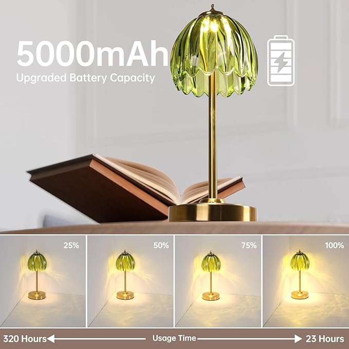 Set of 2 Tulip Table Lamp with 5000mAh Battery & Touch Control, Cordless Small Table Lamp with 3 Colors, Dimmable Rechargeable Table Lamps for Bedroom, Desk, Bedside (Green Tulip)