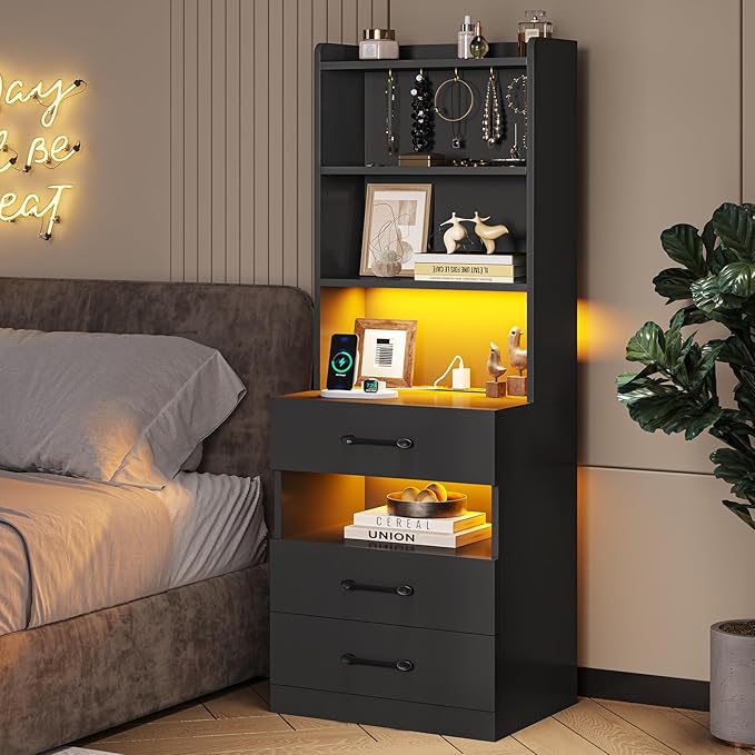VIAGDO Tall Nightstand Set of 2 with Charging Station and LED Lights, Black Night Stand Set 2 with Bookshelf, Modern LED Bedside Tables with 3 Drawers and Storage Shelves, Side Tables for Bedrooms