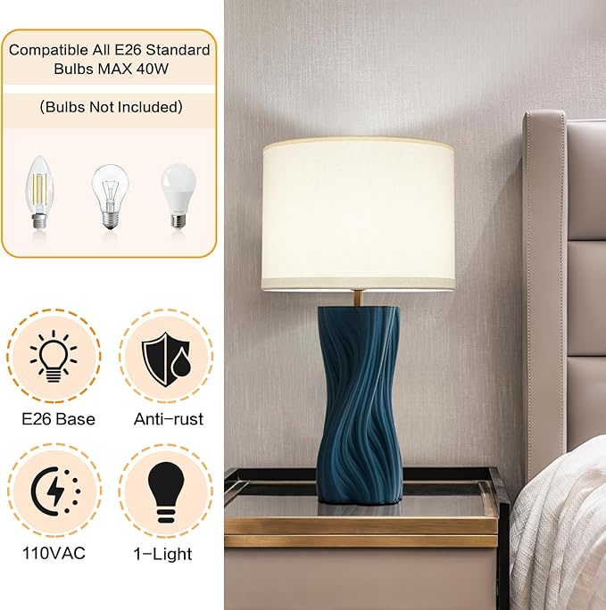 Modern Plug in Textured Table Lamps 21.5In Blue Ceramic Table Lamp Bedroom