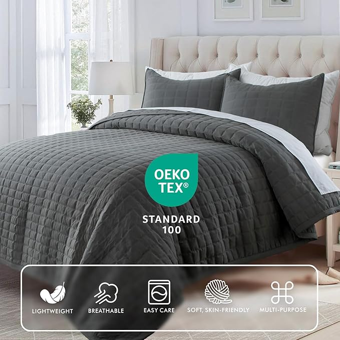 KASENTEX Queen XL Quilt Set 98"x98" – Soft Washed 3-Layer Lightweight Bedspread, Minimalist Nordic Design, All-Season Spring & Summer Quilt Set (1 Quilt + 2 Pillow Shams), Dark Grey