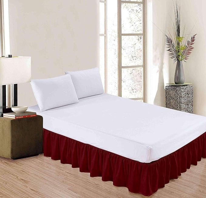 Burgundy Solid Ruffled Bed Skirt Full XL-28 Inch Drop Split Corner, Microfiber Bedskirt with Platform Three Sided Coverage