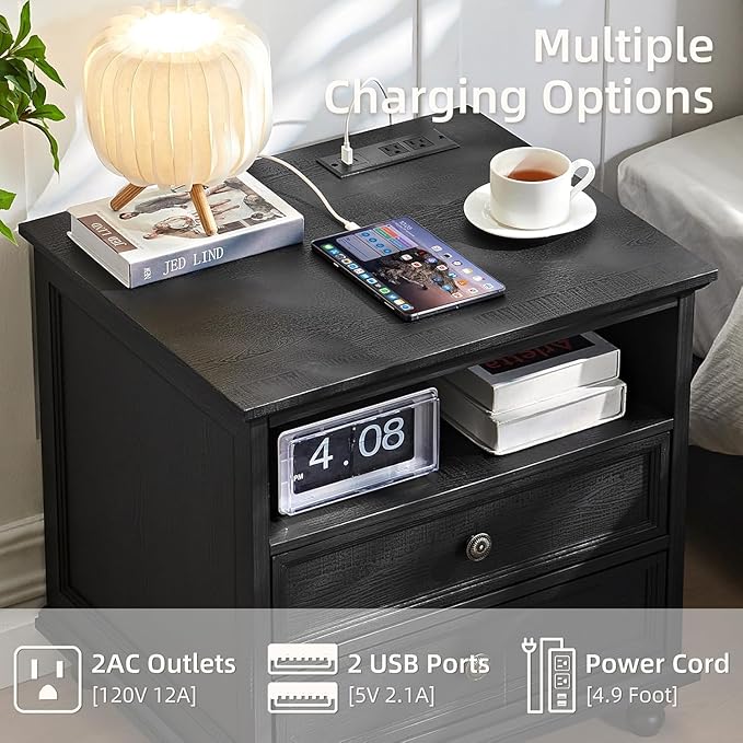 24" Wide Farmhouse Nightstand with Charging Station Set of 2, 45" Tall Rustic Chests of 5 Drawers w/ 4 Solid Wood Feet, Farmhouse Furniture Series for Living Room,Bedroom,Black