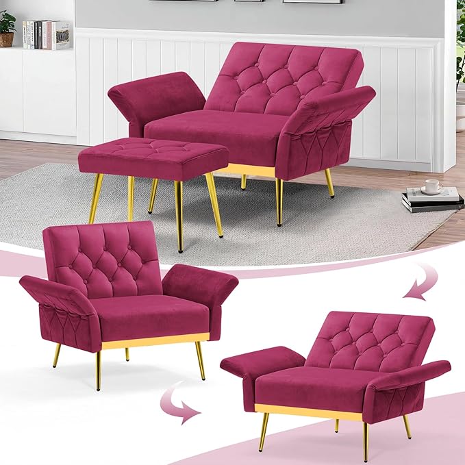 Velvet Accent Chair w/Adjustable Armrests and Backrests, Tufted Single Sofa with Ottoman, Upholstered Reading Chiar for Living Room, Apartment, Bedroom, Fuchsia