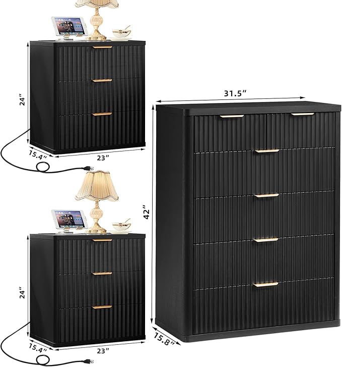LEYAOYAO 42" Tall Fluted Dresser and 3 Drawers 23" Nightstand Set of 2, Wooden Dresser & Night Stand with Charging Station, 3 Piece Bedroom Furniture Set, Wood Chest of Drawer for Living Room,Black