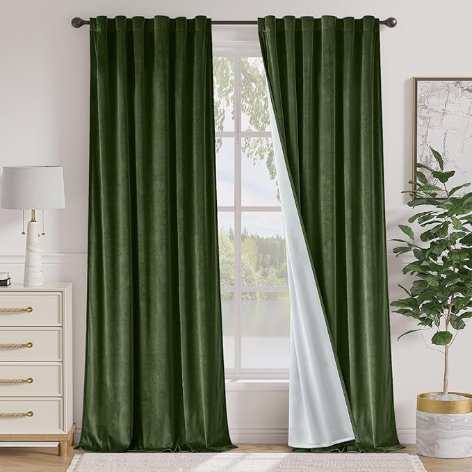 Lazzzy Velvet Blackout Curtains Thermal Insulated Curtains Room Window Drapes Super Soft Luxury Curtains for Living Room Bedroom Rod Pocket 2 Panels, 96 Inch Lined | Moss