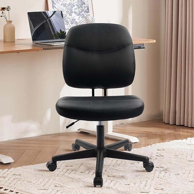 CLATINA Armless Home Office Chair, Small PU Leather Ergonomic Low Back Desk Chair with Lumbar Support and Wheels, Adjustable Height 360° Swivel Rolling Computer Task Chair, Black, 8 Pack