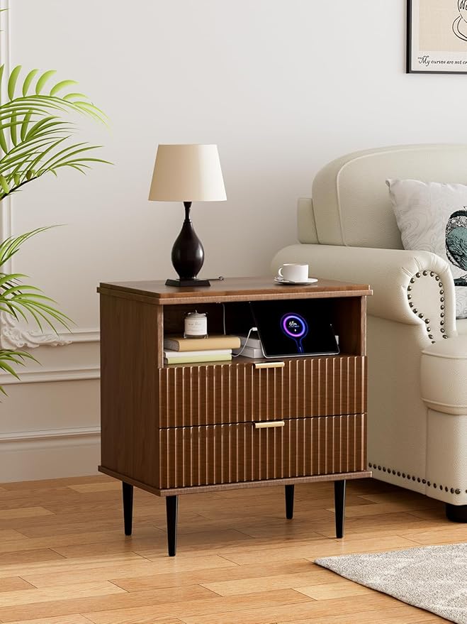 Nightstand with Charging Station, Wide Fluted Nightstand, Wood for Bedroom, Black Dresser with Storage Drawers, Bedside Table with Metal Handle & Leg (Walnut Set of 2, 23.3)