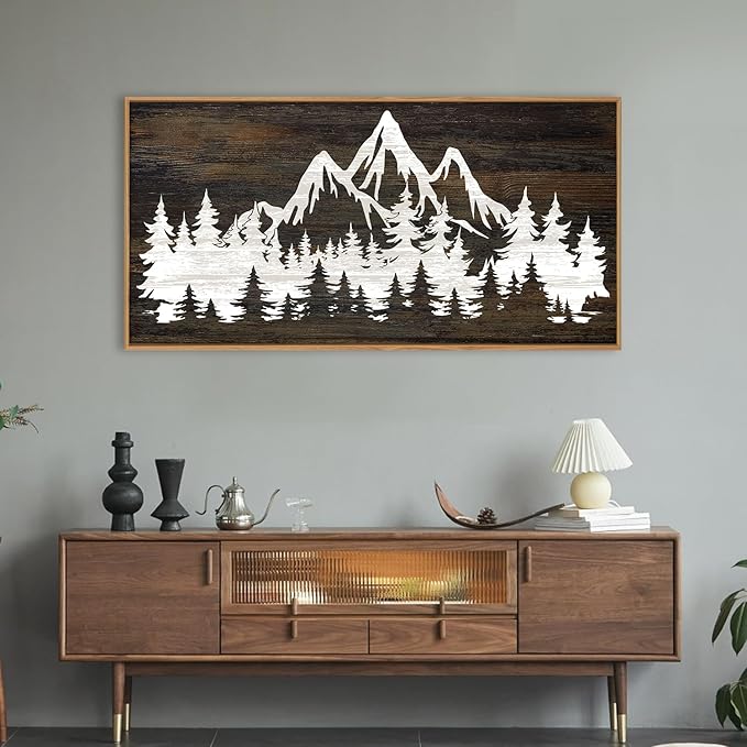 LHIUEM Large Mountain Tree Framed Canvas Wall Art,Modern White Forest Art Prints,Abstract Country Woodcut Wood Wall Decor,Farmhouse Zen Artwork for Living Room Bedroom Office-20''x40''