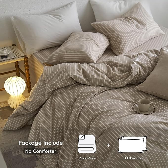 MooMee Striped Duvet Cover Set 100% Washed Cotton Linen Like Textured Breathable Durable Soft Comfy (Tannish Linen Grey White Wide Stripes, Super Queen 90"x98")