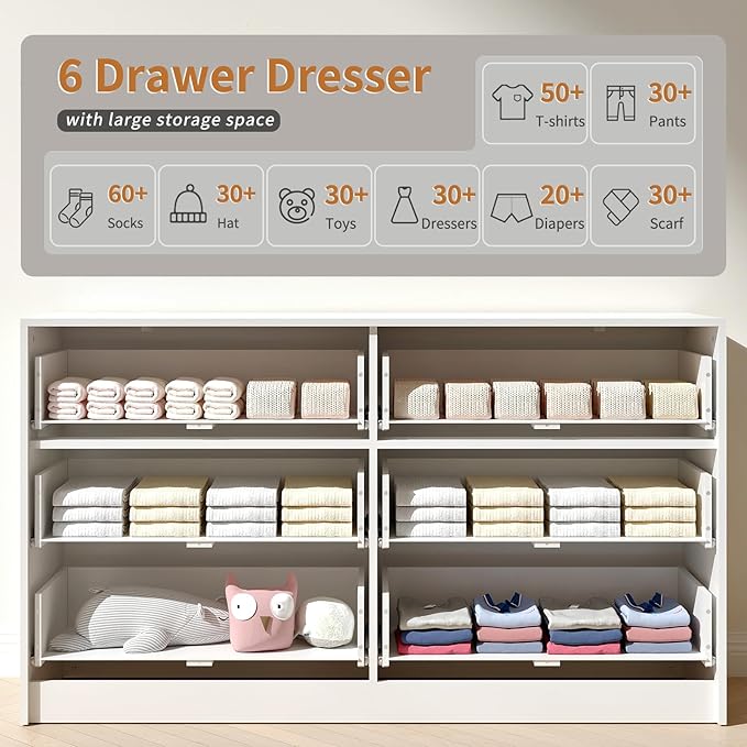 6 Drawer Dresser & Nightstand Set 3-Piece, 55” Wide Bedroom Set Night Stand Set of 2 with Metal Handle, Fluted Modern Wood Chest of Drawers Storage Dressers Set for Bedroom, White