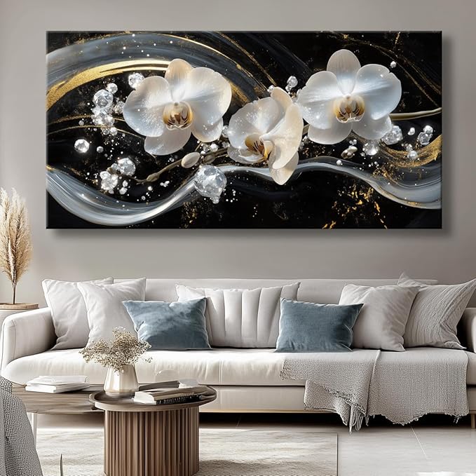 White Orchid Canvas Wall Art - Modern Floral Picture for Living Room, Bedroom Wall Decor, Framed Wall Art for Home Decoration, Elegant Flower Paintings Ready to Hang, Large Wall Art 60x120cm(24x48in)