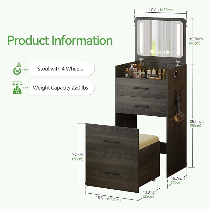 HNEBC HNEBCVanity Desk with Plip Top LED Mirror,3 in 1 Small Dressing Table Set with Visible Glass Desktop,Rustic Oaky Compact Vanity with 3 Drawers,Storage Compartment and Padded Stool,for Bedroom