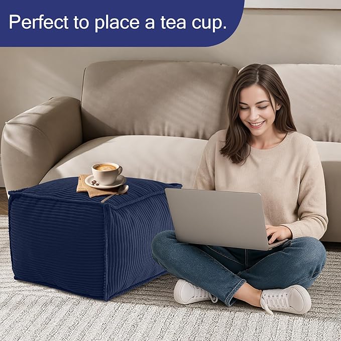 MeMoreCool Square Stuffed Pouf Ottoman Foot Rest, Corduroy Floor Pouf Foot Stool with Foam Chunk Filling, Soft Stuffed Ottoman Footrest for Living Room, Navy