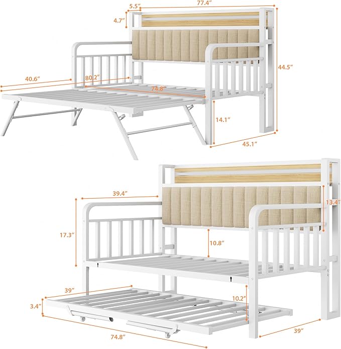 Daybed with Trundle and LED Light, Heavy Duty Metal Twin Bed Frame with Upholstered Storage Headboard & Charging Station, Day Bed Pop Up Trundle Bed Twin for Living Room,Bedroom and Guest Room, White