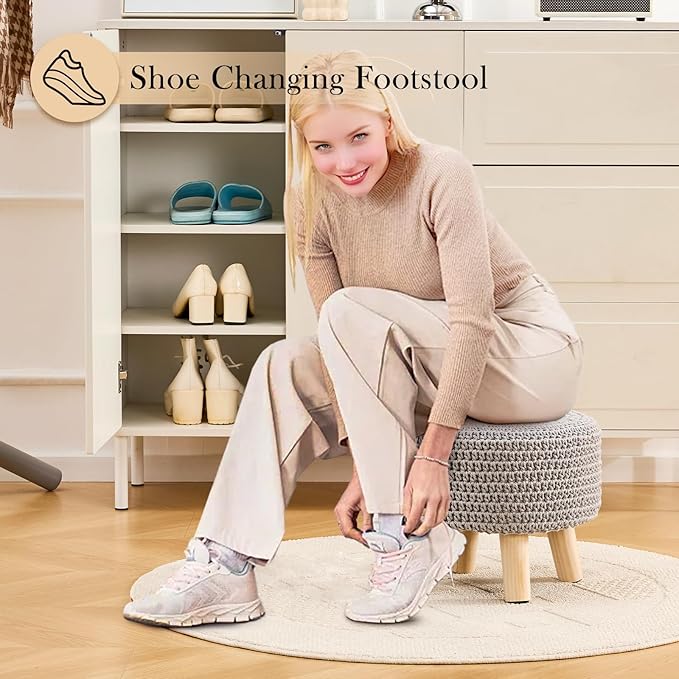 LGENHOOM Boho Ottoman Foot Stool Cotton Knitted Round Pouf Ottoman Foot Rest Stool with Non-Skid Wooden Legs Step Stool Padded Seat for Living Room Gray