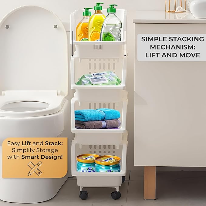 TidyFriend Stackable Storage Bins for Pantry - 4 Pack Small Stackable Bins for Organizing Food, Kitchen, and Bathroom Essentials (White)