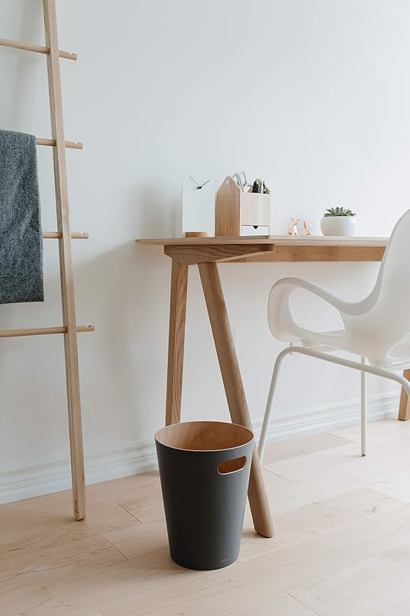 Umbra Woodrow 2-Gallon Modern Wooden Trash Can Wastebasket, Attractive Bin for Garbage or Recycling, Suitable for Home or Office, Dark Grey/Natural