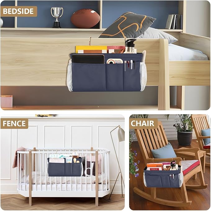 KOPIRIT Navy Grey Bedside Caddy Storage Bag Bedside Organizer for College Dorm Top Bunk Bed Hanging Bag Bedside Shelf 6 Pockets with Hooks for Magazine Water Bottle Holder