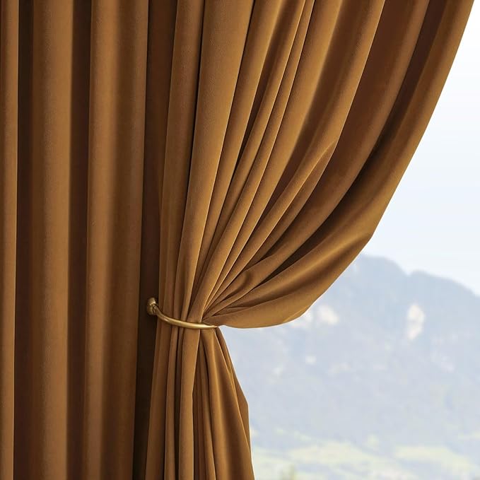 Joydeco Camel Brown Velvet Curtains 108 inch Length 2 Panels, Luxury Blackout Rod Pocket Thermal Insulated Window Curtains, Super Soft Room Darkening Drapes for Living Room Bedroom,W52 x L108 inches