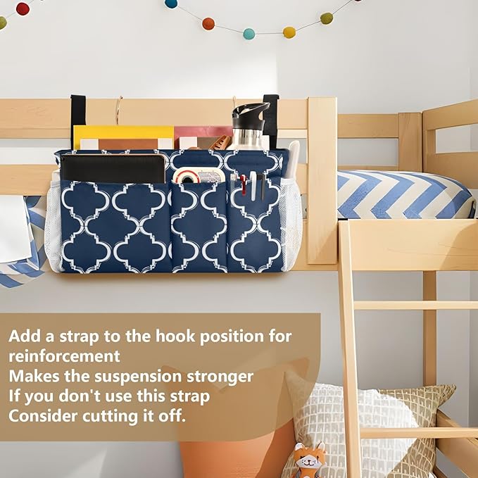 Bedside Caddy Hanging Bunk Bed Caddy Bed Organizer Hanging Pocket with 2 Hooks Bedside Storage Organizer Pocket Bag Holder Navy Blue Geometric Quatrefoil