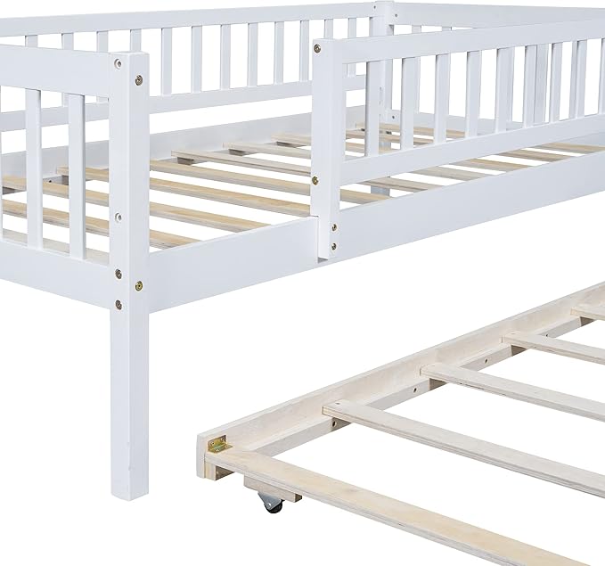 Bellemave Twin Kids Bed Frames with Rails for Kids, Twin daybed with Trundle for Boys/Girls/Adults，White