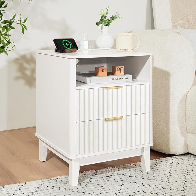 Night Stand Set of 2 with Charger Station, Fluted Nightstand with Drawers and Storage Shelf, Mid Century Modern Bedside Table Nightstands, Large Bed Side Table Wood Night Stands for Bedroom