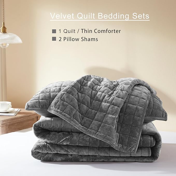 LEAONME Velvet Quilt Full/Queen Size-90''x98'', Lightweight Grey Velvet Comforter Set with 2 Pillow Shams, Soft Bedspread Coverlet Quilted Bedding Set for All Season