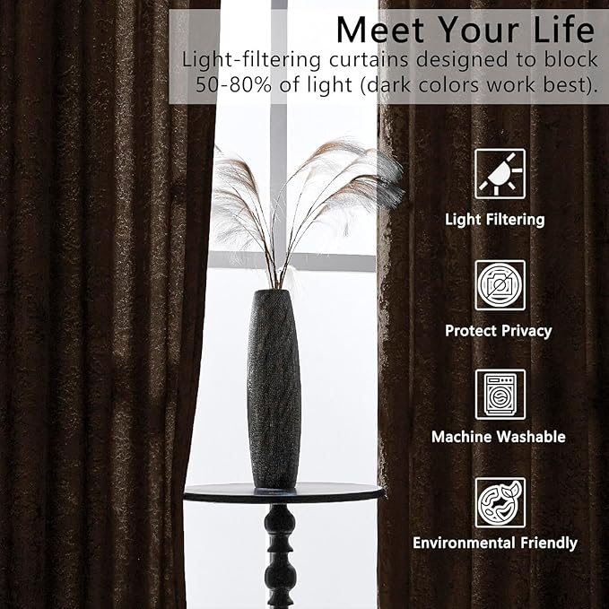 SMILETIME Chocolate Crushed Velvet Curtains 52x108 inch Luxurious Thermal Insulated Soundproof Drapes for Living Room Bedroom Office Soft and Durable Light-Filtering Window Treatments, 2 Panels