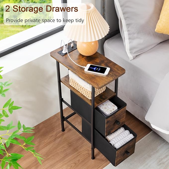 LOAKEKEL Narrow End Table Living Room with Charging Station, Skinny Side Table with Fabric Drawers, Slim Nightstand for Bedroom, Small Spaces, Couch, Brown, HETNDP02BR-1
